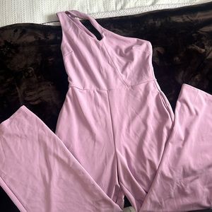 lilac pant jump suit, one shoulder.